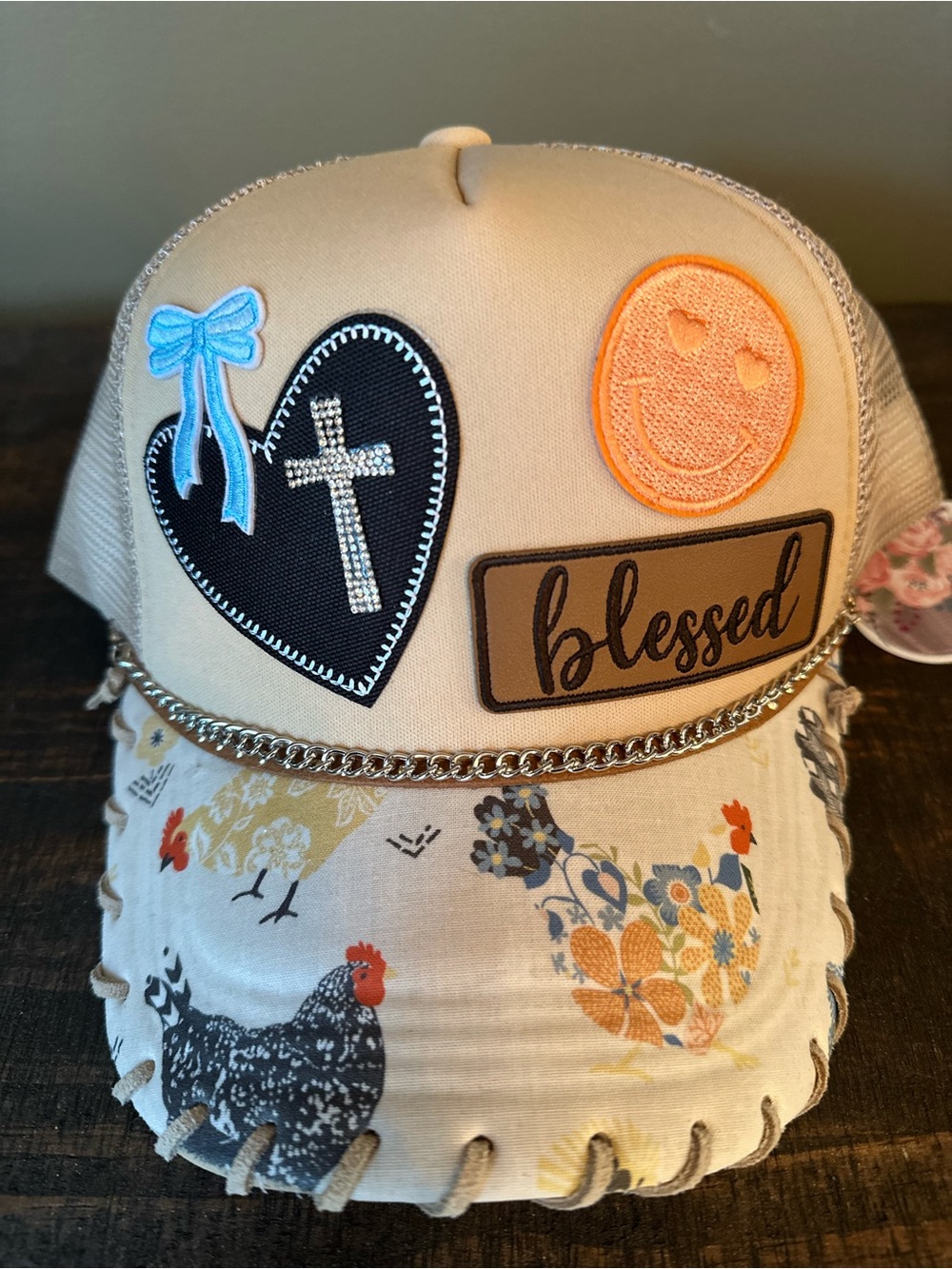 Blessed Beige Women's Trucker Hat with Patch Accents